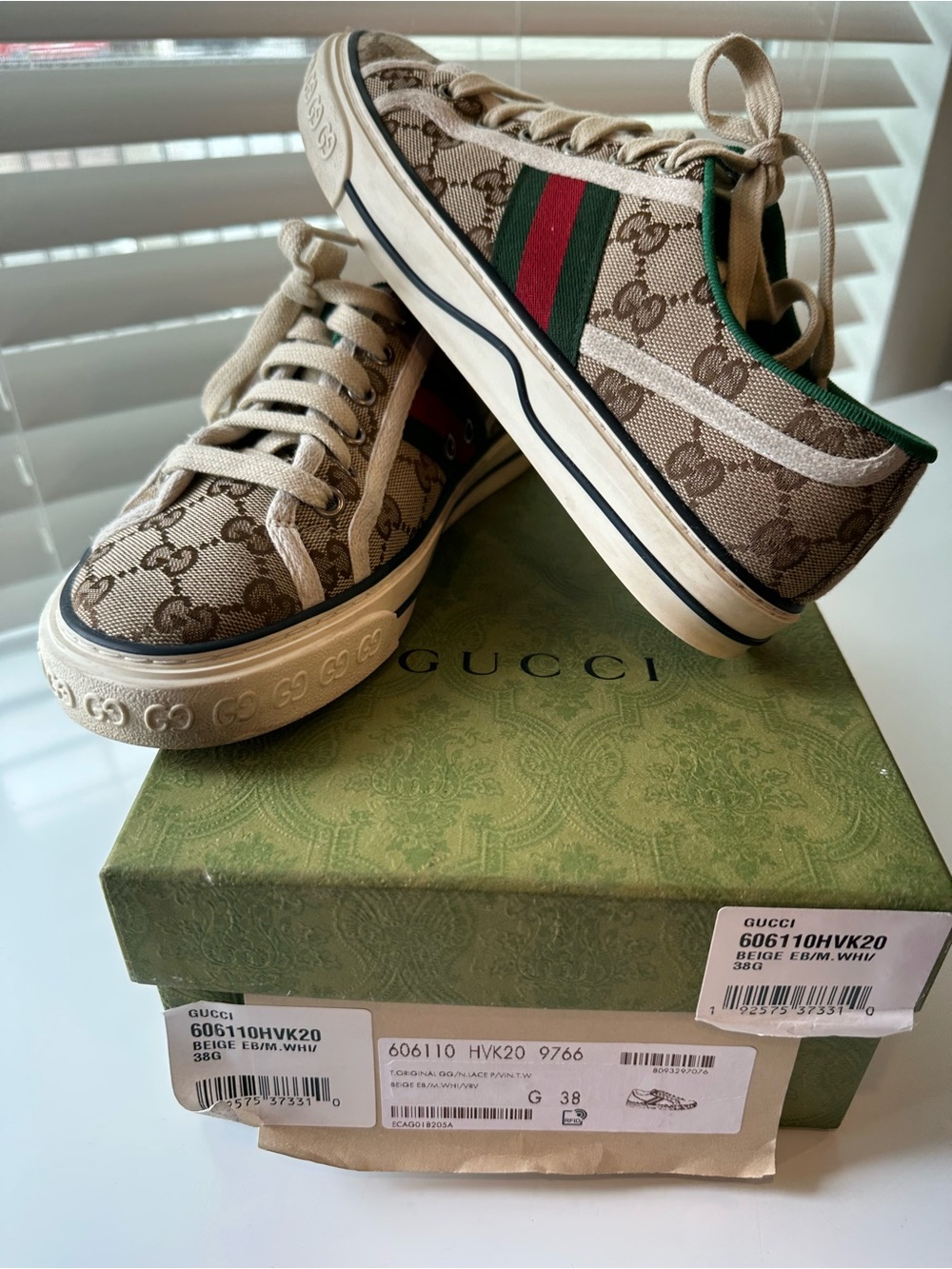Gucci GG Canvas Low-Top Sneakers with Green-Red Web Stripe size 38